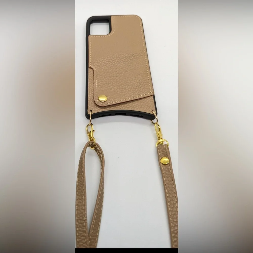 Slim Eco-Leather iPhone Case with Strap for iPhone 12 Pro Max- tan